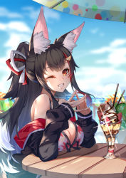 Rule 34 | 1girl, animal ear fluff, animal ears, bare shoulders, bikini, black hair, blue sky, blush, breasts, cleavage, collarbone, day, fang, fingers together, food, fox ears, glint, gradient hair, grin, hair ornament, hairclip, highres, hololive, ice cream, jacket, large breasts, long hair, looking at viewer, multicolored hair, off shoulder, one eye closed, ookami mio, ookami mio (hololive summer 2019), outdoors, ponytail, red hair, sitting, sky, smile, sundae, swimsuit, table, tail, virtual youtuber, white hair, wolf ears, wolf tail, yellow eyes, yuxian youka