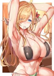 Rule 34 | 1girl, ahoge, armpits, bikini in mouth, blonde hair, blue eyes, blush, breasts, clothes in mouth, collarbone, day, demon girl, eyes visible through hair, hair over one eye, highres, himuro shunsuke, horns, huge breasts, indoors, long hair, mouth hold, navel, original, panties, pointy ears, side-tie panties, skindentation, solo, sweat, underwear
