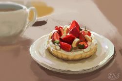 Rule 34 | artist name, blurry, blurry background, cup, dessert, drink, food, food focus, fruit, kay (kf1n3), no humans, original, plate, signature, sketch, still life, strawberry, tart (food), teacup