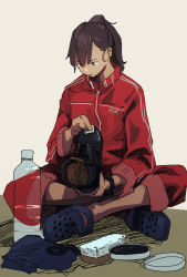 Rule 34 | blue footwear, bottle, brown eyes, brown hair, brush, brushing, character request, check character, cleaning, crocs, highres, kantai collection, kappa modoki, long hair, long sleeves, pants, ponytail, red pants, red track suit, suzuya (kancolle)