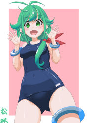 Rule 34 | 1girl, antenna hair, blue one-piece swimsuit, border, character name, commentary request, cowboy shot, from below, green eyes, green hair, hair ribbon, highres, kantai collection, long hair, looking at viewer, matsu (kancolle), one-piece swimsuit, open mouth, pink background, ribbon, school swimsuit, solo, swimsuit, t2r, two-tone background, white border