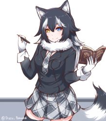 Rule 34 | 10s, 1girl, animal ears, black hair, blue eyes, breasts, disco brando, english text, fur collar, gloves, grey wolf (kemono friends), heterochromia, kemono friends, long hair, long sleeves, looking at viewer, medium breasts, multicolored hair, necktie, notebook, plaid, plaid skirt, pleated skirt, skirt, smile, solo, tail, two-tone hair, white gloves, wolf ears, wolf tail, yellow eyes