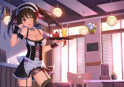 Rule 34 | 10s, 1girl, :p, apron, bare shoulders, bendy straw, black hair, black panties, black thighhighs, blush, breasts, cake, cleavage, date a live, detached sleeves, drinking straw, food, hairband, heterochromia, lace, lace-trimmed legwear, lace trim, long hair, panties, red eyes, smile, solo, terras, thighhighs, tokisaki kurumi, tongue, tongue out, tray, twintails, underwear, waist apron, waitress, wrist cuffs, yellow eyes