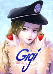 Rule 34 | 1girl, absurdres, black headwear, blue background, booksmart, brown eyes, brown hair, character name, coat, copyright name, fake nails, food, fruit, fur coat, gigi (booksmart), highres, holding, holding food, holding fruit, licking lips, long hair, looking at viewer, rukaisscary, solo, strawberry, tongue, tongue out