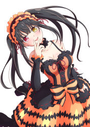 Rule 34 | 1girl, black hair, blush, breasts, cleavage, clock eyes, collarbone, date a live, detached sleeves, gothic lolita, hairband, heterochromia, highres, lolita fashion, lolita hairband, looking at viewer, medium breasts, red eyes, roman numeral, smile, solo, symbol-shaped pupils, tokisaki kurumi, twintails, uneven twintails, white background, yellow eyes, yosuzu