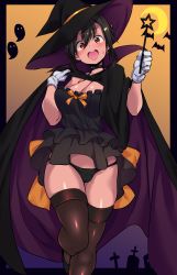 Rule 34 | 1girl, bat (animal), black hair, black panties, black thighhighs, bow, breasts, buta-don, cameltoe, cape, cassis (buta-don), cleavage, costume, crescent moon, female focus, gloves, gradient background, halloween, halloween costume, hat, highres, holding, holding wand, moon, open mouth, orange bow, original, panties, short hair, solo, standing, standing on one leg, thighhighs, tombstone, underwear, wand, white gloves, witch hat