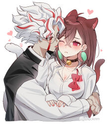 1boy 1girl absurdres alternate_form animal_ears ayase_momo bell black_choker black_nails blush bow bowtie breasts brown_hair cat_ears cat_tail choker cleavage closed_mouth collarbone collared_shirt colored_skin commentary couple dandadan ddnokmm dress_shirt earrings facial_mark glasses grey_skin hair_behind_ear hair_between_eyes heart highres hug jewelry large_breasts licking licking_another&#039;s_cheek licking_another&#039;s_face long_sleeves looking_at_another medium_hair nail_polish neck_bell one_eye_closed pink_nails red_bow red_bowtie red_eyes round_eyewear shirt short_hair simple_background sleeves_past_wrists sweatdrop tail takakura_ken_(dandadan) tongue tongue_out transformation twitter_username upper_body white_background white_hair white_shirt