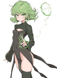 Rule 34 | 1girl, absurdres, black dress, black sweater, black thighhighs, breasts, covered erect nipples, covered navel, cropped sweater, curly hair, dress, green eyes, green hair, highres, mr tangsuyuk, one-punch man, saitama (one-punch man), short hair, small breasts, solo, sweater, tatsumaki, thighhighs, white background