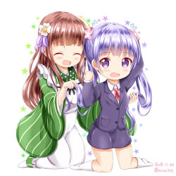 Rule 34 | +++, 2girls, :d, ^ ^, ama usa an uniform, apron, blush, brown hair, closed eyes, collared shirt, commentary request, creator connection, dated, flower, flying sweatdrops, formal, gochuumon wa usagi desu ka?, green kimono, hair flower, hair ornament, hand up, holding, holding hair, jacket, japanese clothes, kimono, kneehighs, kneeling, long hair, long sleeves, maid apron, manga time kirara, multiple girls, neck ribbon, new game!, no shoes, open mouth, pink ribbon, polka dot, polka dot trim, purple eyes, purple hair, purple jacket, purple skirt, ribbon, shirt, skirt, skirt suit, smile, socks, star (symbol), striped clothes, striped kimono, suit, suzukaze aoba, twintails, twitter username, ujimatsu chiya, vertical-striped clothes, vertical-striped kimono, very long hair, white apron, white flower, white legwear, white shirt, wide sleeves, xenon (for achieve)