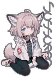 Rule 34 | 1girl, absurdres, ahoge, animal ear fluff, animal ears, arknights, black pantyhose, black skirt, blue eyes, brown hair, collarbone, commentary request, fox ears, fox girl, fox tail, full body, gloves, grey outline, grey shirt, highres, jacket, long sleeves, looking at viewer, material growth, oripathy lesion (arknights), pantyhose, parted lips, shirt, shoes, simple background, sitting, skirt, solo, sussurro (arknights), tail, wariza, welt (kinsei koutenkyoku), white background, white footwear, white gloves, white jacket, wide sleeves