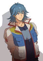 Rule 34 | 1boy, absurdres, arm behind back, blue hair, blue shirt, breast pocket, bruno (yu-gi-oh!), grey eyes, hand on own arm, high collar, highres, jacket, leaning, leaning to the side, male focus, pants, pocket, raised eyebrows, shadow, shirt, simple background, sleeves rolled up, smile, solo, t-shirt, white background, white jacket, youko-shima, yu-gi-oh!, yu-gi-oh! 5d&#039;s