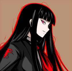 Rule 34 | 1girl, black hair, black jacket, blunt bangs, brown background, closed mouth, from side, hime cut, jacket, kimohiko, long hair, looking at viewer, looking to the side, necktie, original, portrait, profile, red eyes, red necktie, sidelocks, simple background, smile, solo, tsurime
