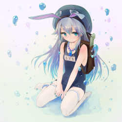 Rule 34 | 10s, 1girl, animal ears, anklet, backpack, bag, blue eyes, blue hair, blush, rabbit ears, jewelry, corriente (show by rock!!), long hair, matching hair/eyes, nail polish, name tag, no shoes, old school swimsuit, one-piece swimsuit, randoseru, school swimsuit, show by rock!!, smile, solo, swimsuit, yurikuta tsukumi