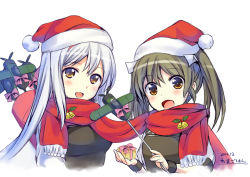 Rule 34 | 10s, 2girls, 5han, :d, aircraft, airplane, alternate costume, armor, arrow (projectile), bad id, bad pixiv id, bell, blush, bow, box, breasts, brown eyes, brown hair, christmas, dated, gift, gift box, grey hair, hair ribbon, happy, hat, holding, kantai collection, long hair, looking at viewer, model, multiple girls, muneate, open mouth, parted bangs, quiver, ribbon, santa hat, scarf, shared clothes, shared scarf, short hair, short twintails, shoukaku (kancolle), signature, simple background, small breasts, smile, twintails, upper body, white background, white hair, wristband, zuikaku (kancolle)