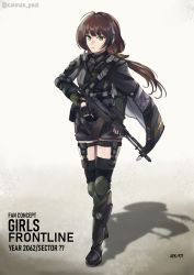 Rule 34 | 1girl, absurdres, aek-971, brown hair, caiman pool, fingerless gloves, girls&#039; frontline, gloves, green eyes, gun, highres, holding, holding gun, holding weapon, looking at viewer, original, shadow, solo, thighhighs, trigger discipline, twintails, twitter username, weapon, white background