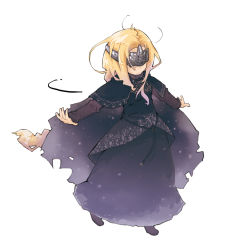 Rule 34 | 1girl, blonde hair, cape, commentary request, covered eyes, dark souls (series), dark souls iii, fire keeper, full body, kona (konahana), long hair, mask, outstretched arms, solo, spread arms, very long hair, white background