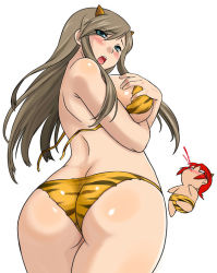 Rule 34 | 1boy, 1girl, animal print, aqua eyes, ass, bikini, blood, blush, breast hold, breasts, brown hair, butt crack, cone horns, cosplay, dr.p, hip focus, horns, huge ass, large breasts, long hair, looking back, luke fon fabre, lum, lum (cosplay), nosebleed, oni, striped horns, swimsuit, tales of (series), tales of the abyss, tear grants, tiger print, urusei yatsura, wide hips
