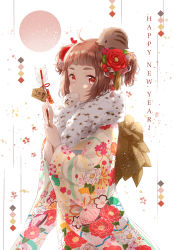 Rule 34 | 1girl, absurdres, ahoge, animal, animal on head, arrow (projectile), baozi, bell, brown hair, cowboy shot, ema, floral print, flower, food, food in mouth, fur collar, furisode, hair flower, hair ornament, hamaya, happy new year, highres, holding, japanese clothes, kimono, long sleeves, looking at viewer, mouth hold, new year, obi, on head, original, pig, red eyes, sash, sena tea29, short hair, short twintails, solo, standing, twintails, wide sleeves
