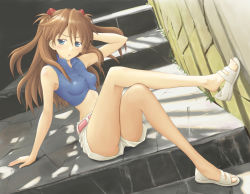 Rule 34 | 1girl, angry, annoyed, arm behind head, arm support, bare legs, bare shoulders, belt, blue eyes, breasts, dutch angle, feet, highres, impossible clothes, impossible shirt, legs, crossed legs, long hair, midriff, neon genesis evangelion, no socks, red hair, sandals, satogo, shirt, shoe dangle, shoes, shorts, sitting, sitting on stairs, solo, souryuu asuka langley, stairs, stretching