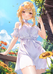 Rule 34 | 1girl, alternate costume, arm support, bare shoulders, blonde hair, blue sky, breasts, chahei, cleavage cutout, clothing cutout, cloud, commentary request, cowboy shot, day, detached sleeves, dress, falling leaves, flower, frilled sleeves, frills, from below, genshin impact, hair flower, hair ornament, hand up, highres, leaf, lily (flower), looking at viewer, looking down, lumine (genshin impact), medium breasts, outdoors, railing, short hair with long locks, short sleeves, sky, sleeveless, sleeveless dress, solo, sunflower, white dress, white flower, white sleeves, wooden railing, yellow eyes, yellow flower