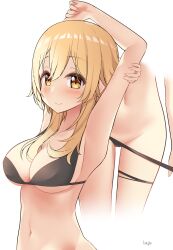 Rule 34 | 1girl, arm behind head, arms up, bikini, bikini pull, black bikini, blonde hair, breasts, brown eyes, cleavage, closed mouth, clothes pull, collarbone, commentary request, cropped legs, genshin impact, groin, hair between eyes, highres, large breasts, lineflo, long hair, lumine (genshin impact), medium breasts, multiple views, navel, pulled by self, signature, simple background, smile, swimsuit, white background