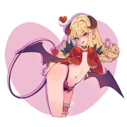 Rule 34 | 1girl, :q, bat wings, black choker, black panties, blonde hair, bow, bow panties, breasts, brown eyes, choker, cleavage, closed mouth, commentary, contrapposto, corset, demon girl, demon tail, demon wings, earrings, feet out of frame, heart, heart background, highres, hoop earrings, horns, jewelry, kemushi sama, long hair, looking at viewer, medium breasts, panties, pointy ears, purple bow, ragnarok online, smile, solo, spoken heart, succubus (ragnarok online), tail, thigh strap, tongue, tongue out, underwear, white background, wings