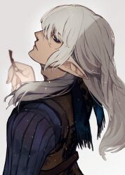 Rule 34 | 1boy, blue sweater, commentary request, edamamebig, elezen, elf, estinien varlineau, final fantasy, final fantasy xiv, grey background, grey hair, highres, light particles, long hair, looking at viewer, looking back, male focus, pointy ears, simple background, solo, sweater, upper body
