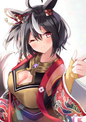 Rule 34 | 1girl, ;), absurdres, ahoge, animal ears, black hair, breasts, cleavage, cleavage cutout, clothing cutout, detached sleeves, fingerless gloves, gloves, hair between eyes, hair ornament, head tilt, highres, horse ears, horse girl, horse tail, japanese clothes, kimono, kitasan black (umamusume), large breasts, long sleeves, looking at viewer, mikami hotaka, multicolored hair, one eye closed, red eyes, resolution mismatch, smile, solo, source smaller, streaked hair, tail, umamusume, upper body, white background, white hair, yellow gloves