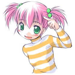 Rule 34 | 1girl, :d, blush, bosshi, breasts, face, flat chest, green eyes, hair bobbles, hair ornament, moe (bosshi), moe (character), moe (phrase), open mouth, original, pink hair, pointing, shirt, short hair, short twintails, simple background, sketch, small breasts, smile, solo, striped clothes, striped shirt, turtleneck, twintails, white background