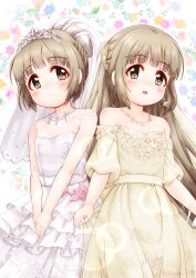 Rule 34 | 2girls, :d, bare shoulders, blush, breasts, bridal veil, bride, brown dress, brown eyes, brown hair, closed mouth, commentary request, detached sleeves, dress, dual persona, floral background, highres, idolmaster, idolmaster cinderella girls, idolmaster cinderella girls starlight stage, long hair, multiple girls, off-shoulder dress, off shoulder, open mouth, puffy short sleeves, puffy sleeves, regular mow, see-through, short sleeves, sidelocks, small breasts, smile, standing, strapless, strapless dress, tiara, veil, very long hair, wedding dress, white dress, yorita yoshino