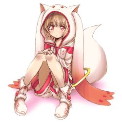 Rule 34 | 10s, 1girl, :3, androgynous, animal hat, animal hood, blonde hair, blush, hands on own knees, hat, highres, hood, hooded jacket, jacket, knees together feet apart, kyubey, looking at viewer, mahou shoujo madoka magica, mahou shoujo madoka magica (anime), md5 mismatch, personification, red eyes, shirt, shorts, sitting, solo, tanashi (mk2)