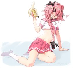 Rule 34 | 1boy, arm support, astolfo (fate), astolfo (fate) (cosplay), astolfo (sailor paladin) (fate), bad id, bad pixiv id, banana, black bow, black hair, black ribbon, blush, bow, braid, commentary request, cosplay, crop top, drooling, fate/apocrypha, fate (series), food, fruit, full body, gd. fengzi, grin, hair between eyes, hair bow, hair over shoulder, hair ribbon, half-closed eyes, head tilt, heart, highres, holding, holding food, holding fruit, kneehighs, long hair, looking at viewer, male focus, midriff, multicolored hair, naughty face, navel, official alternate costume, phallic symbol, pink hair, pink skirt, pleated skirt, purple eyes, reclining, ribbon, saliva, school uniform, serafuku, signature, single braid, skirt, smile, socks, solo, streaked hair, trap, white background, white hair, white socks, wig