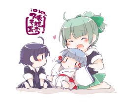 Rule 34 | 10s, 3girls, :d, ^ ^, aged down, ahoge, barefoot, blush, bow, closed eyes, green bow, green hair, green skirt, hair bow, hair ribbon, heart, high ponytail, kantai collection, kenoka, long sleeves, multiple girls, murakumo (kancolle), open mouth, pleated skirt, ponytail, purple hair, ribbon, short hair, short sleeves, silver hair, simple background, sitting, skirt, sleeves past wrists, smile, tenryuu (kancolle), tress ribbon, white background, yuubari (kancolle), | |