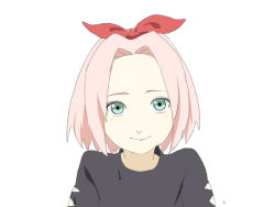Rule 34 | 1girl, aged down, black shirt, bow, child, forehead, green eyes, hair bow, hair ornament, hairband, haruno sakura, light smile, looking at viewer, naruto, naruto (series), pink hair, portrait, red bow, sakuyamelody, shirt, short hair, simple background, smile, solo, white background