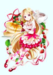 Rule 34 | 1girl, absurdres, blonde hair, blue background, bow, bubble skirt, butter, coffee, cup, flower, food, food-themed hair ornament, fork, frilled skirt, frills, fruit, full body, gloves, hair ornament, highres, layered skirt, leaf, long hair, looking at viewer, masumofu, morinaga &amp; company, morinaga (brand), mug, original, pancake, pantyhose, personification, red bow, red eyes, red footwear, red gloves, red skirt, shirt, shoes, skirt, smile, solo, strawberry, strawberry blossoms, striped clothes, striped pantyhose, white shirt, wings
