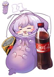 Rule 34 | 1girl, absurdres, antennae, bag, blush stickers, borrowed character, chips (food), closed eyes, coca-cola, commentary, crumbs, food, food on face, highres, nn (eogks), open mouth, original, pillow, plastic bag, purple hair, reference inset, sleeping, sleeping bag, soda bottle, solo, white background, zzz