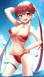Rule 34 | 1girl, arm up, bikini, blue sky, blush, breasts, cloud, earrings, gold earrings, gold necklace, hair ribbon, hand on own hip, heart, heart earrings, heart necklace, heterochromia, highres, hololive, houshou marine, houshou marine (summer), jewelry, large breasts, long hair, looking at viewer, necklace, o-ring, o-ring thigh strap, red bikini, red eyes, red hair, red ribbon, ribbon, sky, smile, solo, swimsuit, teeth, thigh strap, twintails, upper teeth only, virtual youtuber, wabisuke0722, wading, water, yellow eyes
