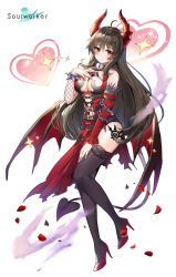Rule 34 | 1girl, absurdres, bare shoulders, belt, black hair, black thighhighs, bracelet, breasts, choker, cleavage, clothing cutout, demon girl, demon horns, demon tail, demon wings, detached sleeves, dress, full body, hand on own chest, heart-shaped lock, high heels, highres, horns, iris yuma, jewelry, large breasts, lock, long hair, looking at viewer, low wings, multiple belts, navel, navel cutout, official art, padlock, petals, red dress, red eyes, red footwear, smile, solo, soulworker, spiked bracelet, spikes, suou-sensei, tail, thighhighs, thighs, torn clothes, torn dress, very long hair, wings