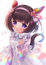 Rule 34 | 1girl, :d, animal ears, brown hair, collared shirt, commentary request, dress, dress shirt, flower, frilled dress, frills, hair flower, hair ornament, hairband, hairclip, hand up, highres, horse ears, horse girl, horse tail, ko yu, long sleeves, looking at viewer, nishino flower (feelings loaded into a small prize) (umamusume), nishino flower (umamusume), open mouth, petals, pink hairband, pink shirt, purple eyes, red flower, shirt, short hair, simple background, sleeveless, sleeveless dress, sleeves past wrists, smile, solo, tail, umamusume, white background, white dress, x hair ornament