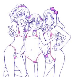 Rule 34 | 10s, 3girls, bikini, blush, bow, breasts, cameltoe, cleft of venus, drill hair, embarrassed, eromanga sensei, flat chest, hair bow, highres, izumi sagiri, jinno megumi, long hair, looking at viewer, low-tied long hair, micro bikini, midriff, multiple girls, navel, no breasts, petite, pink bow, ponytail, shiwasu no okina, simple background, slingshot swimsuit, small breasts, smile, spot color, swimsuit, twin drills, v, white background, yamada elf
