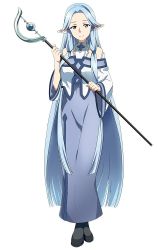 Rule 34 | 10s, 1girl, blue eyes, blue hair, dress, elf, full body, hair ornament, holding, long hair, looking at viewer, matching hair/eyes, official art, pointy ears, simple background, siune (sao), smile, solo, staff, sword art online, sword art online: code register, white background