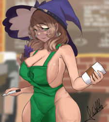 Rule 34 | 1girl, absurdres, apron, barista, bottomless, breasts, cleavage, cowboy shot, genshin impact, green apron, highres, iced latte with breast milk (meme), jhonwikkle, large breasts, lisa (genshin impact), meme, naked apron, resolution mismatch, self-upload, signature, solo, source smaller, starbucks, topless