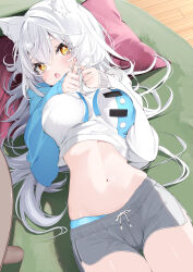 Rule 34 | 1girl, absurdres, blue panties, blush, breasts, chestnut mouth, clothes lift, commentary request, drawstring, grey shorts, hair between eyes, highres, hood, hood down, hoodie, hoodie lift, indoors, kamioka shun&#039;ya, large breasts, lifting own clothes, long hair, long sleeves, lying, navel, on back, open mouth, original, panties, panties under shorts, pillow, puffy long sleeves, puffy sleeves, short shorts, shorts, sleeves past wrists, solo, stomach, underwear, very long hair, white hair, white hoodie, wooden floor, yellow eyes