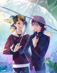 Rule 34 | 2boys, backwards hat, baseball cap, black hair, black pants, cezaria, commentary request, creatures (company), cyndaquil, ethan (pokemon), eye contact, flower, game freak, gen 1 pokemon, gen 2 pokemon, gen 3 pokemon, grey eyes, hand up, hat, highres, holding, holding umbrella, hydrangea, jacket, leaf, long sleeves, looking at another, lotad, male focus, multiple boys, nintendo, oddish, open mouth, pants, pokemon, pokemon (creature), pokemon hgss, pokemon on back, purple pants, rain, red hair, red jacket, silver (pokemon), standing, teeth, tongue, umbrella, water drop, zipper pull tab