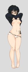 Rule 34 | 1girl, bare legs, barefoot, black hair, black shirt, breasts, clothes lift, feet, female focus, full body, glasses, grey background, groin, hand up, highres, hip focus, hunter x hunter, large breasts, legs, lifting own clothes, looking at viewer, navel, no bra, panties, red eyes, shirt, shirt lift, shivu (mochi), shizuku murasaki, short hair, simple background, solo, standing, tattoo, thighs, toes, underboob, underwear, undressing