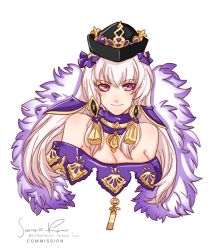 Rule 34 | 1girl, alternate breast size, bare shoulders, black headwear, bow, breasts, cleavage, collar, commentary, cropped torso, dress, fire emblem, fire emblem: three houses, fire emblem heroes, hair bow, highres, long hair, looking at viewer, lysithea von ordelia, nintendo, off-shoulder dress, off shoulder, official alternate costume, pink eyes, purple bow, purple collar, sierra117renner, signature, silver hair, simple background, smile, solo, upper body, white background