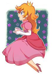 Rule 34 | 1girl, blonde hair, blue eyes, blue gemstone, brooch, carrying, crown, cup, dress, earrings, elbow gloves, eyelashes, floral background, from side, full body, gem, gloves, green background, high heels, holding, holding cup, holding saucer, jewelry, long hair, longestdistance, mario (series), nintendo, no socks, nose, open mouth, outline, pink dress, princess, princess peach, puffy short sleeves, puffy sleeves, purple footwear, saucer, short sleeves, sitting, smile, solo, super mario bros. 1, teacup, white background, white gloves, white outline