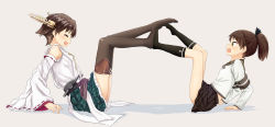 Rule 34 | 10s, 2girls, abe kanari, arm support, bare shoulders, black legwear, brown eyes, brown hair, detached sleeves, closed eyes, feet, feet together, frilled skirt, frills, from side, hair ribbon, hairband, headgear, hiei (kancolle), highres, japanese clothes, kantai collection, leaning back, legs up, long sleeves, multiple girls, no shoes, nontraditional miko, open mouth, plaid, plaid skirt, ponytail, profile, pushing, ribbon, ribbon-trimmed sleeves, ribbon trim, school uniform, serafuku, shikinami (kancolle), short hair, sitting, size difference, skirt, smile, thighhighs