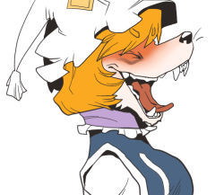 Rule 34 | 1girl, ^ ^, animal, animalization, blonde hair, closed eyes, clothed animal, closed eyes, fangs, fox, from side, hat, laughing, onikobe rin, open mouth, short hair, simple background, solo, tongue, tongue out, touhou, upper body, white background, yakumo ran