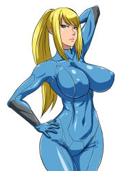 Rule 34 | 1girl, arm behind head, blonde hair, blue eyes, bodysuit, breasts, covered erect nipples, covered navel, curvy, hand on own hip, hip focus, huge breasts, impossible clothes, large breasts, long hair, looking at viewer, metroid, ml, navel, nintendo, samus aran, simple background, skin tight, tight clothes, wide hips, zero suit